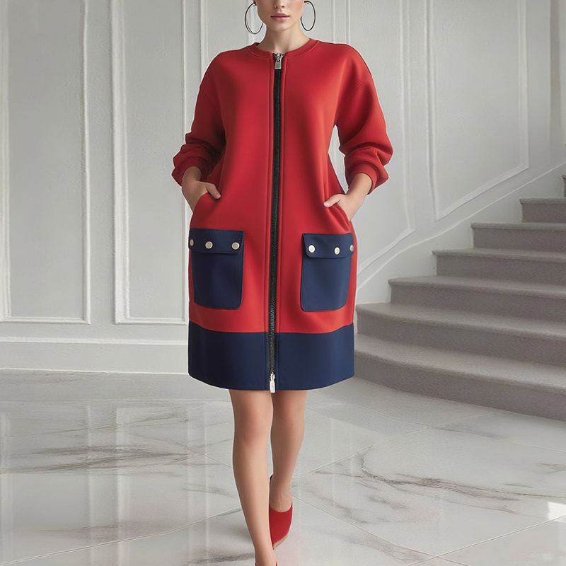 Women'S Red Formal Wear - Modigirl Kontrast Renkli Uzun Kollu Elbiseler
